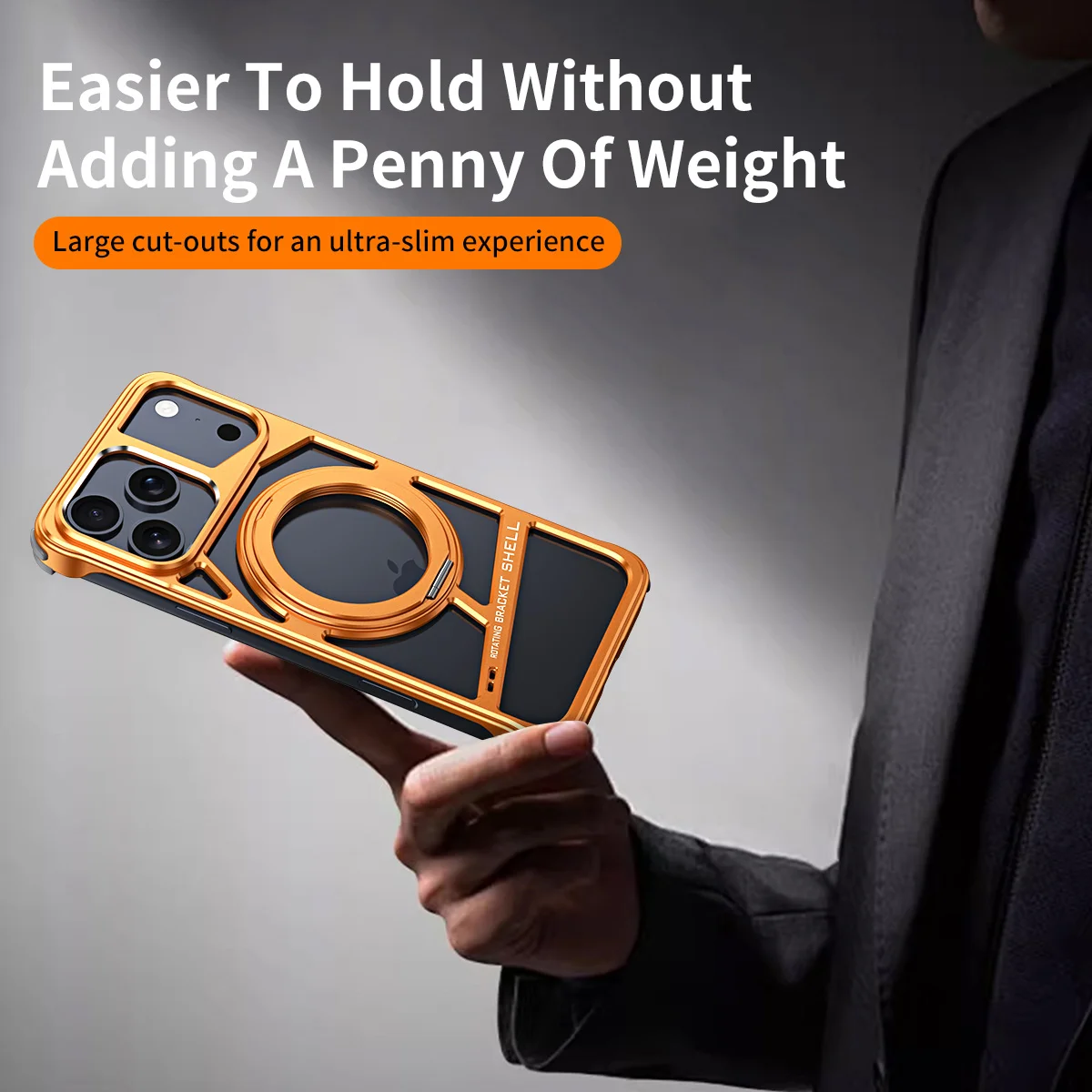 

Orange Aluminium Alloy Metal Case For iPhone 17 Pro Max Rotation Bracket Hollow Out Magnetic Metal Shockproof Cover