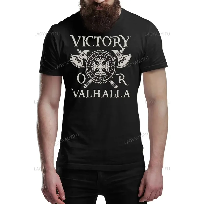 Victory or Valhalla Viking Classic Mens Cotton T-Shirt Viking Print Valhalla Odin T Shirt Men Short Sleeve Viking Legend T-Shirt