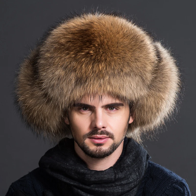 Real fur 100% Fox Skin Russian Businessmen Pilot Bombers Full Mao Men\'s hat Ushanka Winter Ear Guard Hat Raccoon Fur Beanie hat