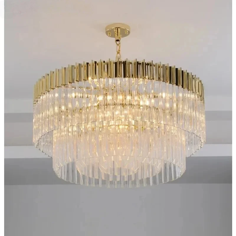 Modern Hotel Hall Luxury K9 Crystal Pendant Led Lights Round Plate Shiny Gold Steel Lustre Pendant Lamps Living Room Decoration