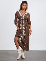 Women's Summer Embroidered Dress 3/4 Sleeve V-Neck Tie Tunic Waist Long Dress for Beach, Party