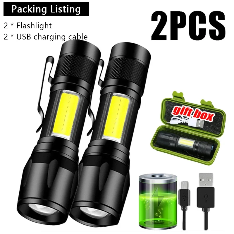 Pocket LED Flashlight COB+XPE Portable Torch USB Charging Camping Lantern Mini Zoomable Light Tactical Flashlight with Pen Clip