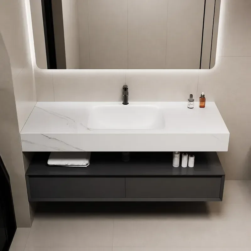 Modern Simple Rock Slab Hot Bending Integrated Basin Oak Smart Bathroom Cabinet Combination Washbasin