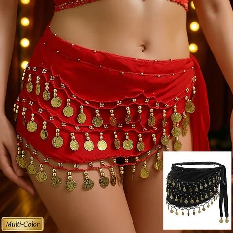 1pc Belly Dance Hip Scarf Chiffon Skirt Wrap Professional Hip Scarf Skirt Costume With Coins For Yoga Belly Dancing Halloween