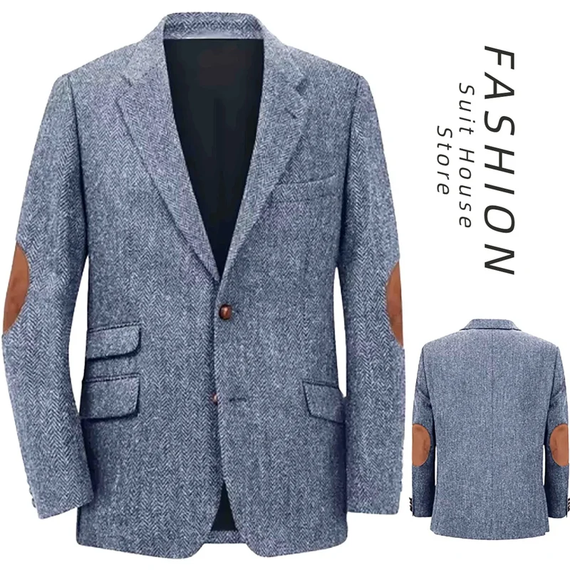 سترة رجالية كاجوال على الطراز البريطاني القديم الكلاسيكي من قماش متعرج الكوع بتصميم مرقع للترفيه اليومي والعمل في الخريف والشتاء