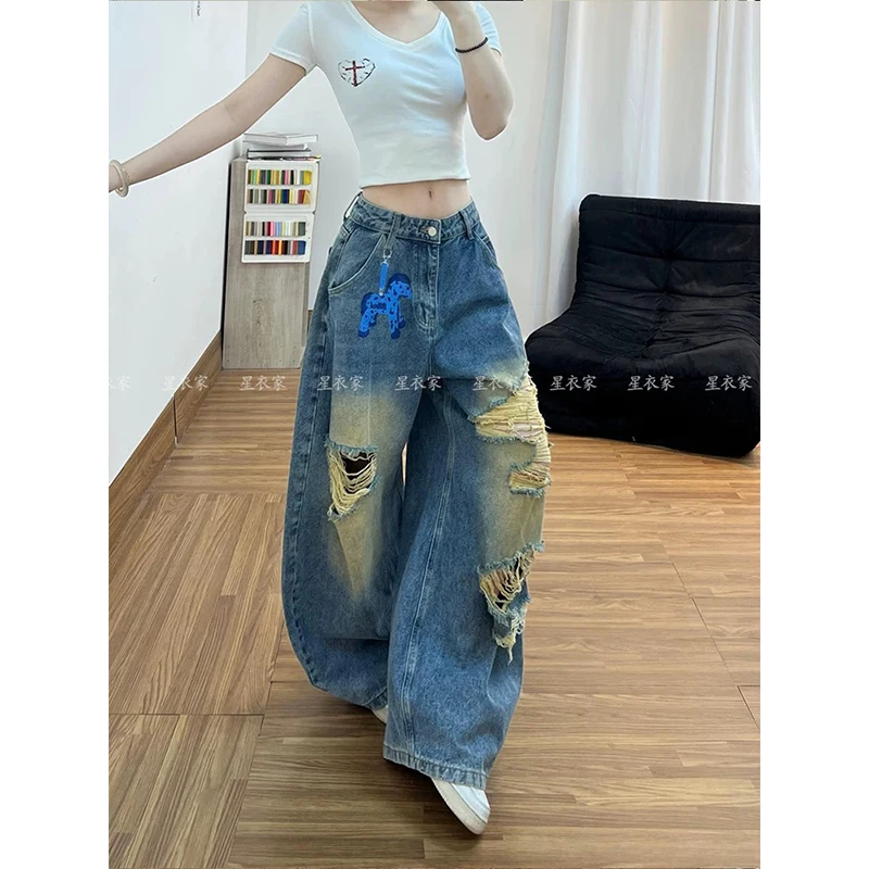 YIBASHU Women Blue Gothic Y2k Ripped Wide Jeans American Style Vintage Oversize Print Jean Pants Harajuku Baggy Denim Trousers