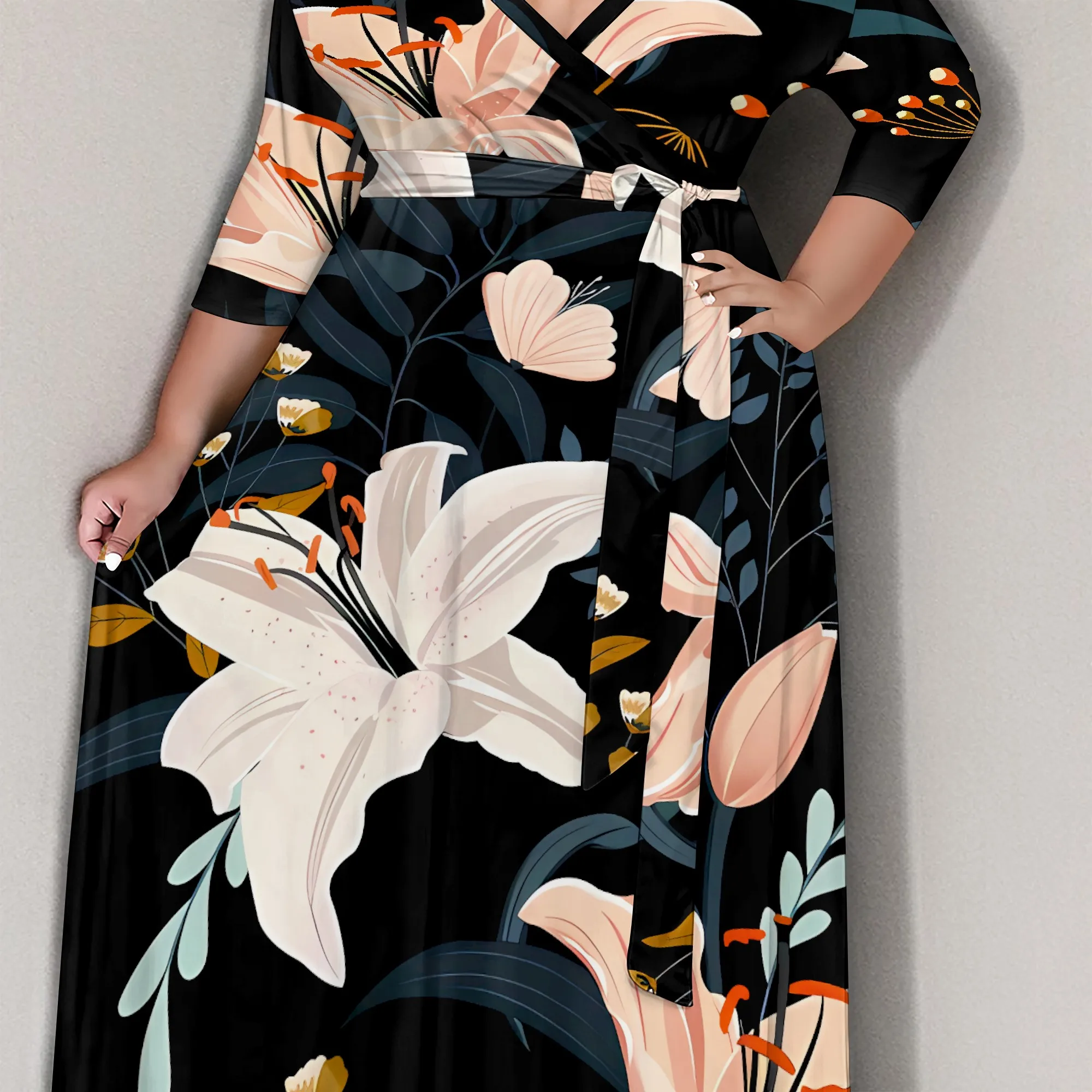 Plus Size Elegant Floral Off Shoulder Maxi Dress Black Purple Floral Print