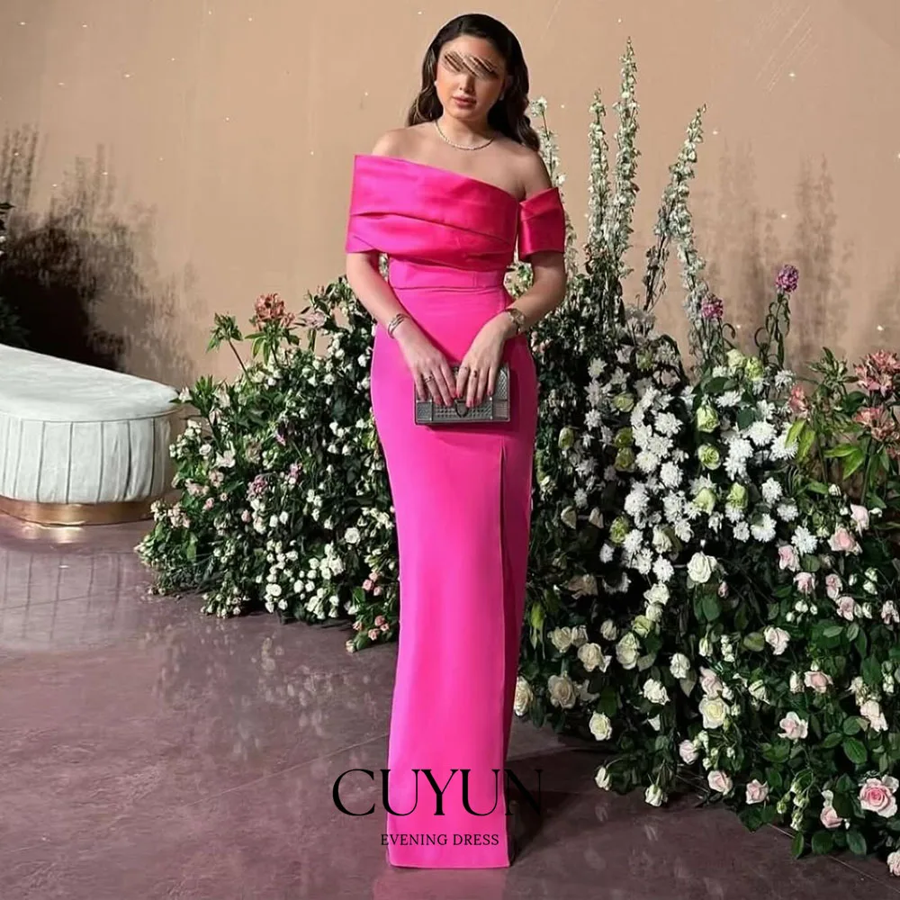 CUYUN Suknia Wieczorowa na Zamówienie, Fuksjowa, z Odkrytymi Ramionami, Satynowa, Krój Syreny, Bez Pleców, Sukienka na Bal, Długa do Podłogi