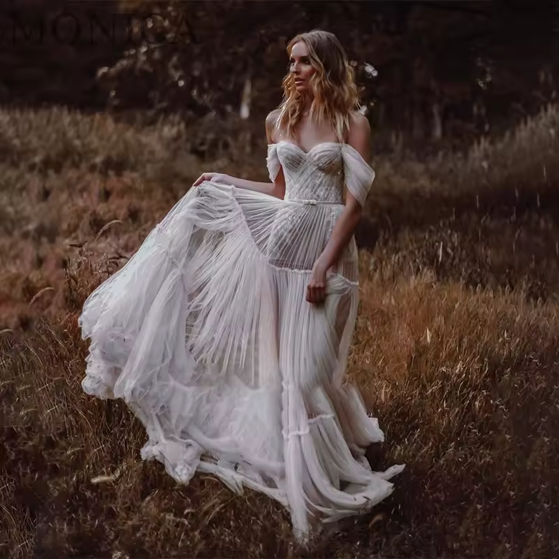 Vestido De novia De corte A con escote en forma De corazón De MONICA para mujer, vestido De novia con hombros descubiertos y espalda descubierta, vestido De novia largo hasta el suelo con cola De corte