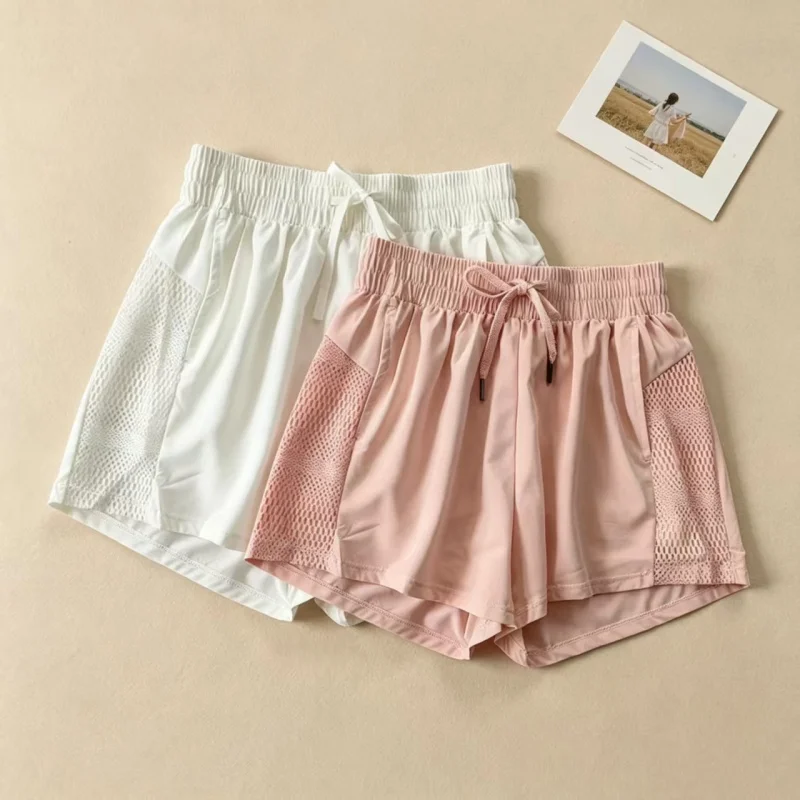 Women Elastic Waist Yoga Summer Shorts, Side Mesh Panel Pockets Breathable Stretch Short Pants for Gym Workout Fitness