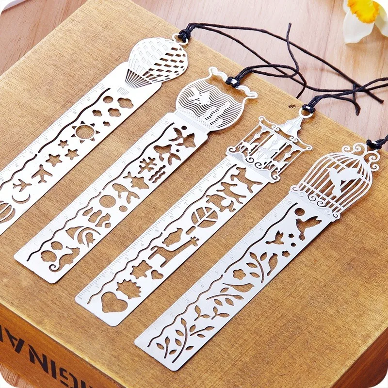 4PCS Multifunctional Creative Retro Hollow Metal Ruler Drawing Bookmarks School Line Template Patchwork Spirograph