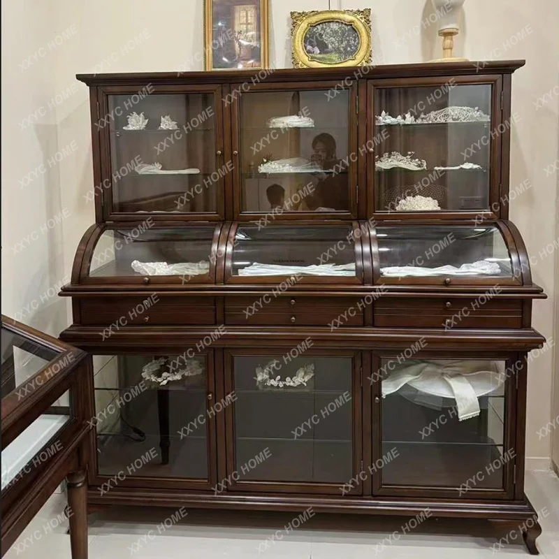 XX British Retro Solid Wood Jewelry Display Cabinet Antique Jade Transparent Display Jewelry Curved Glass High Cabinet