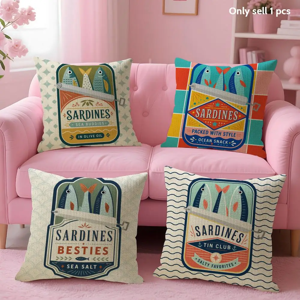 Sardines in A Tin with Striped Cushion Cover Linen Organic Fabric Double-Sided Printing Sofa Breathable Home Decor Pillow Case