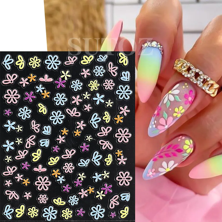 3D Flowers Colorful Nails Stickers Trendy Summer Hollow Florals Garden Nail Art Daisy  Blossom Decals Manicure Decorations SG002