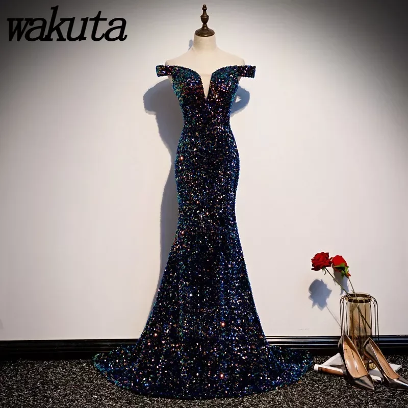 

Wakuta Elegant One Shoulder Evening Dress 2024 Banquet President Style Fishtail Sequin Tailed Wedding Dress Estido De Fiesta