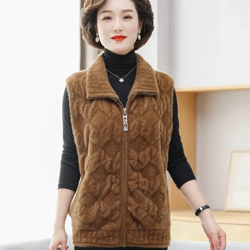母秋冬ニットベスト厚く暖かいノースリーブジャケット中年女性模造ミンクベルベットジッパーセーターカーディガン