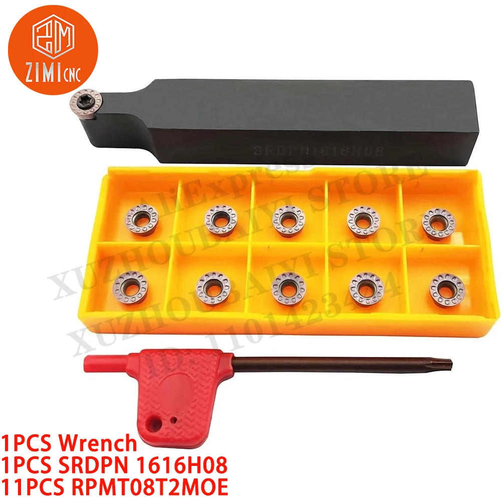 1PCS SRDPN1616H08 Indexável Suporte para ferramenta de torneamento de metal duro Ferramenta de corte de torno de metal + 10P RPMT08T2MOE-JS Metal Duro CNC Inserções de torneamento