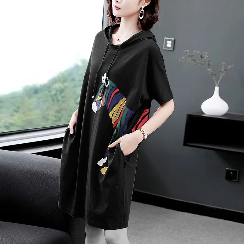 Hooded Dress for Women Summer 2025 New Casual Mid-length T-shirt Skirt Lazy Style Loose