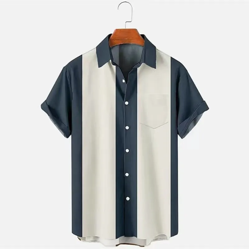 

Striped color matching casual lapel stand alone street short-sleeved shirt top