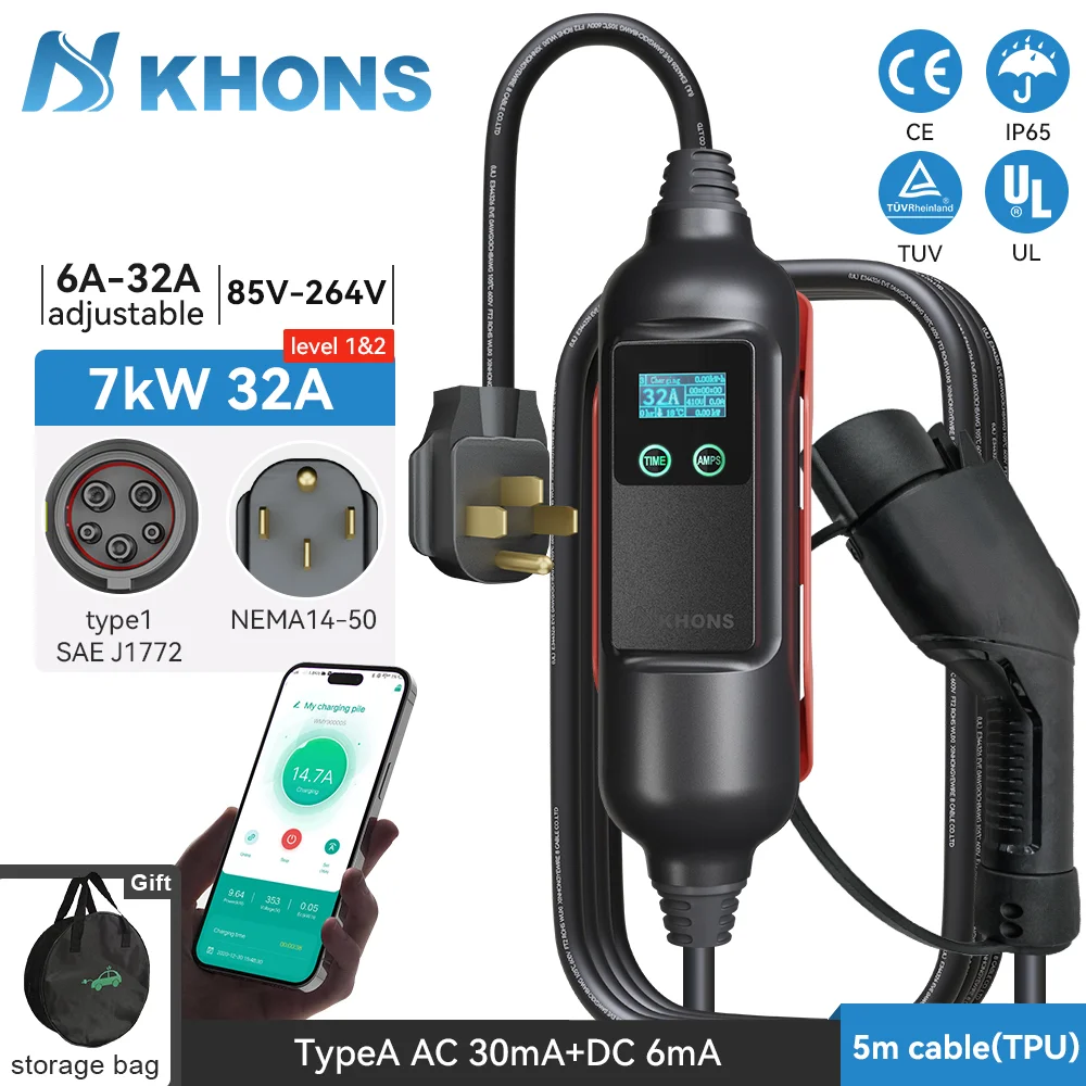 Khons Portable EV Charger Type1 7KW EV Charger 32A 1Phase Socket Smart APP WIFI Control Version for Electric Vehicle