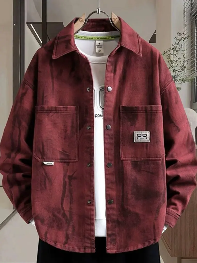 Tie-Dye Red Denim Jacket Men's Upper Apparel Teenage Student 2026 Autumn New Style Collar Workwear Jacket Breathable Loose Fit