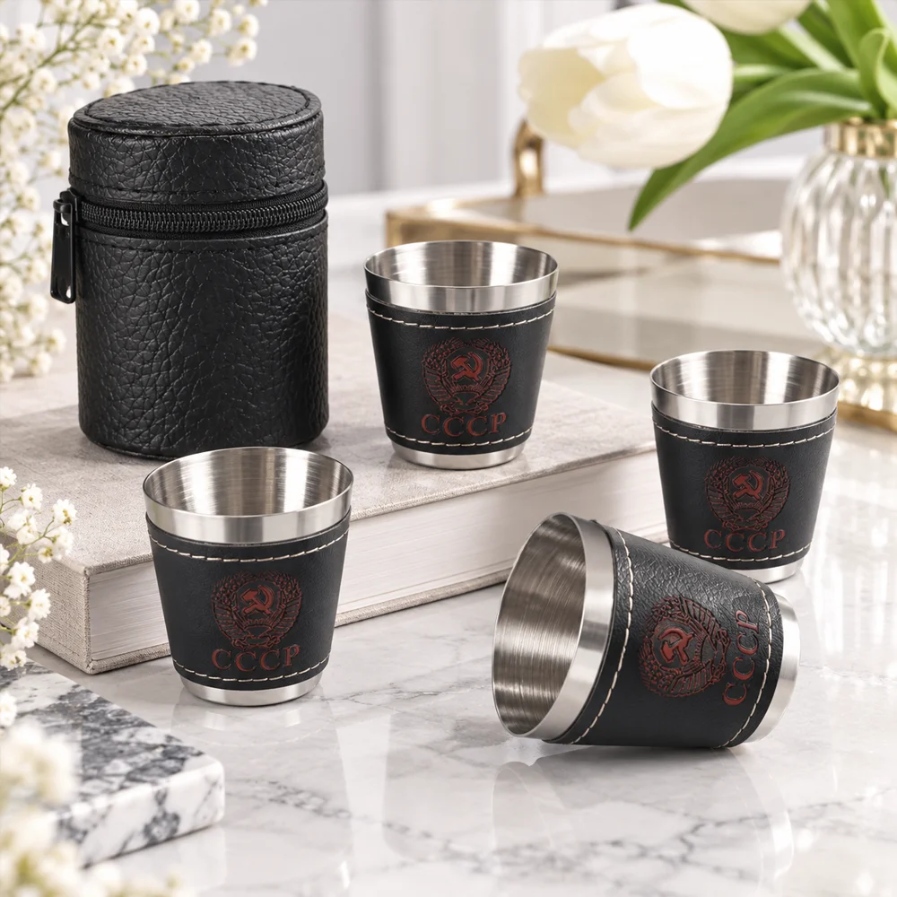 4-Piece Stainless Steel Wine Cup Set, Portable Camping Wine Glasses with Leather Storage Bag for Outdoor Picnic Travel