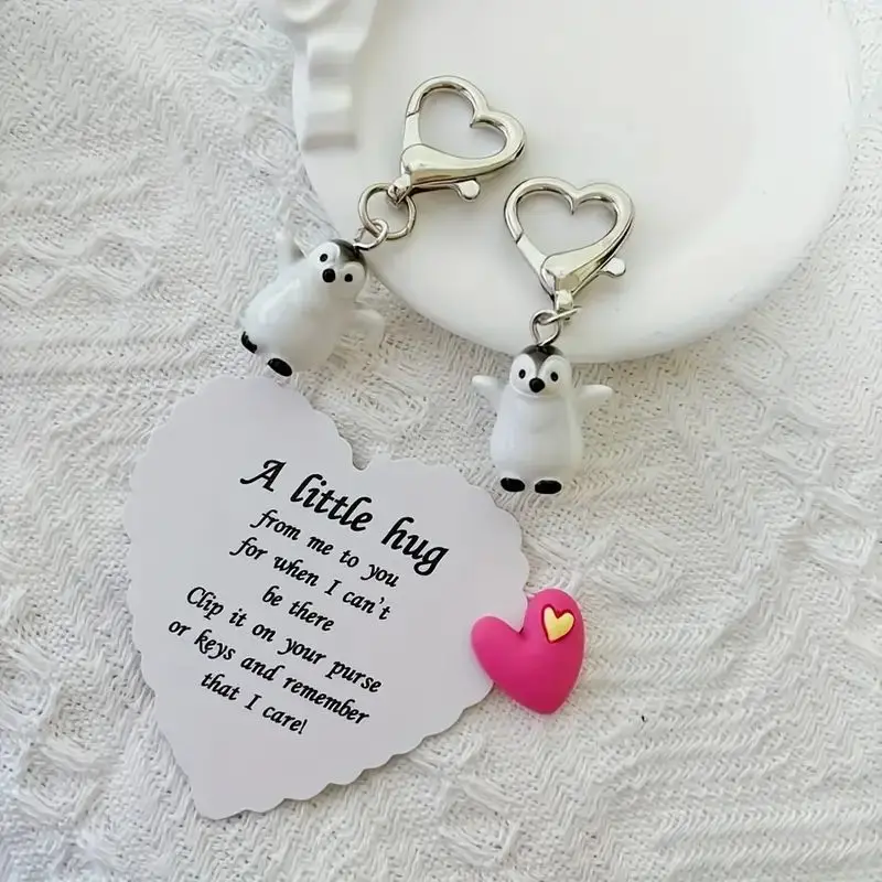 مجموعة سلسلة مفاتيح لطيفة على شكل قلب البطريق ثلاثية الأبعاد - سحر زوجين البطريق الراتنج للحقائب وسماعات الرأس | السيدات مفتاح الدائري مع الحب القلب Cl #5