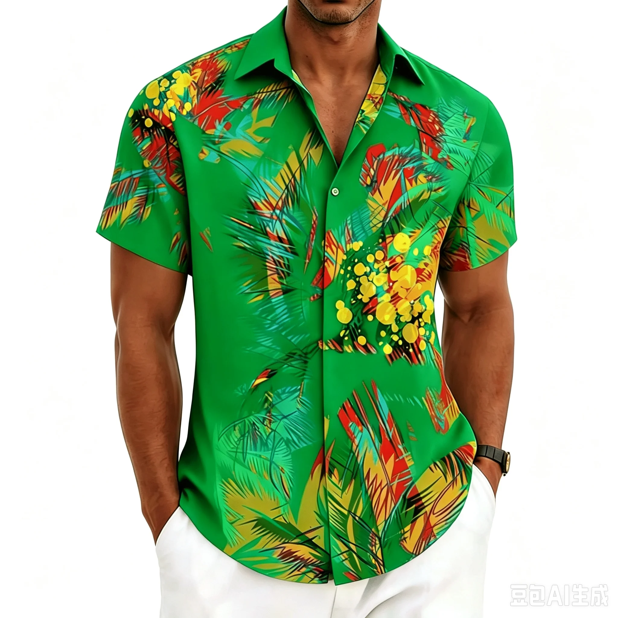 Men's Block Abstract Tropical Leaf Print Short Sleeve Shirt, Spring Summer Artistic Hawaiian Vacation Blouse, Loose Casual Top