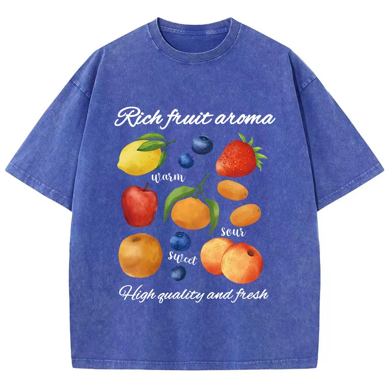 Oversized Womans Washed T-Shirts Rich Fruit Aroma Printing Short Sleeve Cotton Crewneck Oversize Tops Vintage Female Clothes