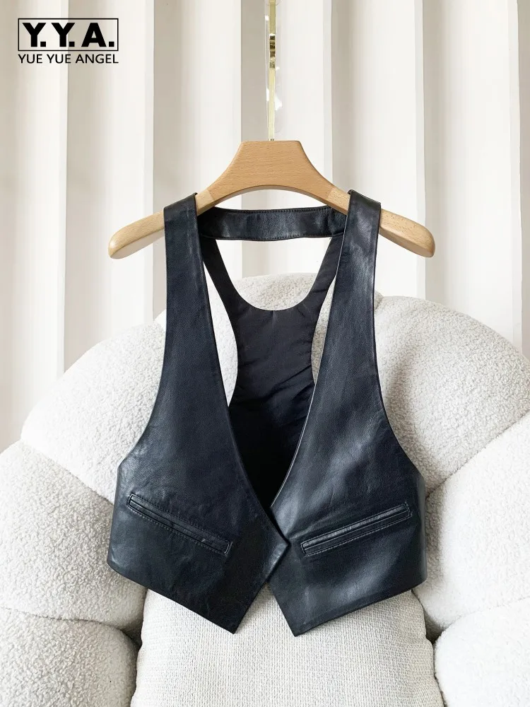 New Women Genuine Leather Vest Slim Fit V Neck Sleeveless Hollow Out Casual Jacket High Street Office Ladies Sheepskin Waistcoat