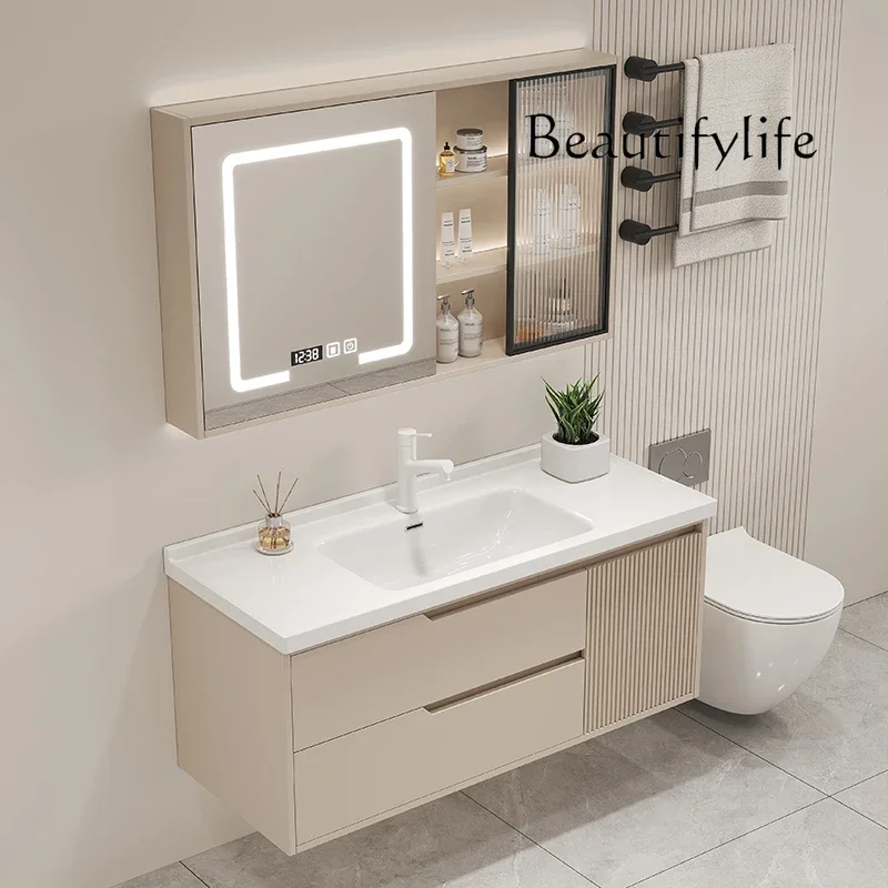 New Cream Wind Solid Wood Bathroom Cabinet Ceramic Integrated Basin Toilet Washbasin Cabinet Combination