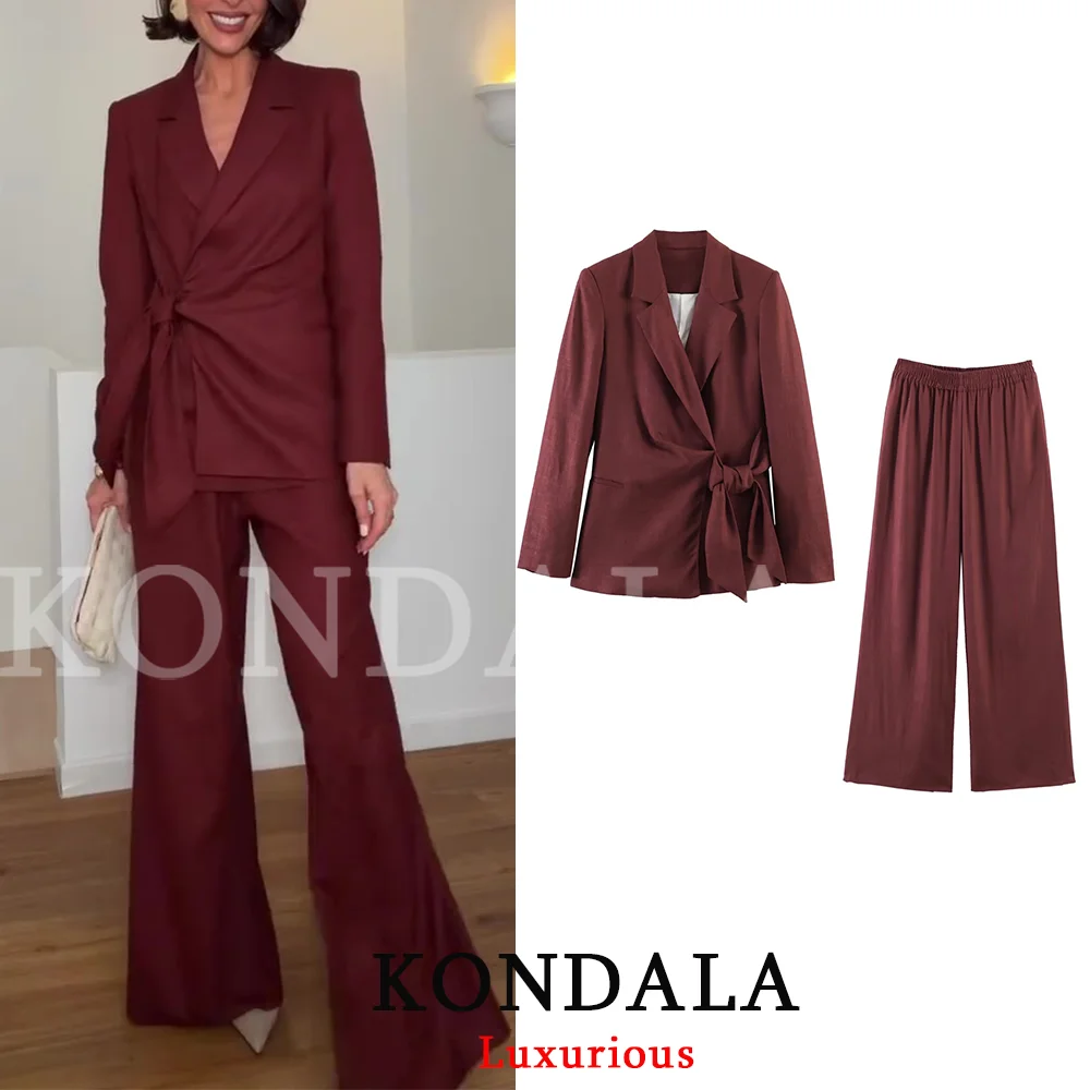 KONDALA Vintage Office Lady Solid Suit V Neck Long Sleeve Belt Blazer Loose Pants Fashion 2026 Spring Summer Elegant Female Sets