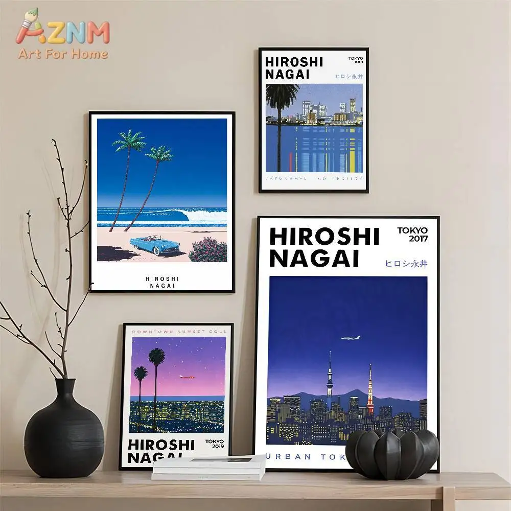 AZNM Hiroshi Nagai Vaporwave City Pop Art Canvas Wall Print, Retro Tokyo Sunset Palm Tree Coastal Poster for Home Decor, No Fram