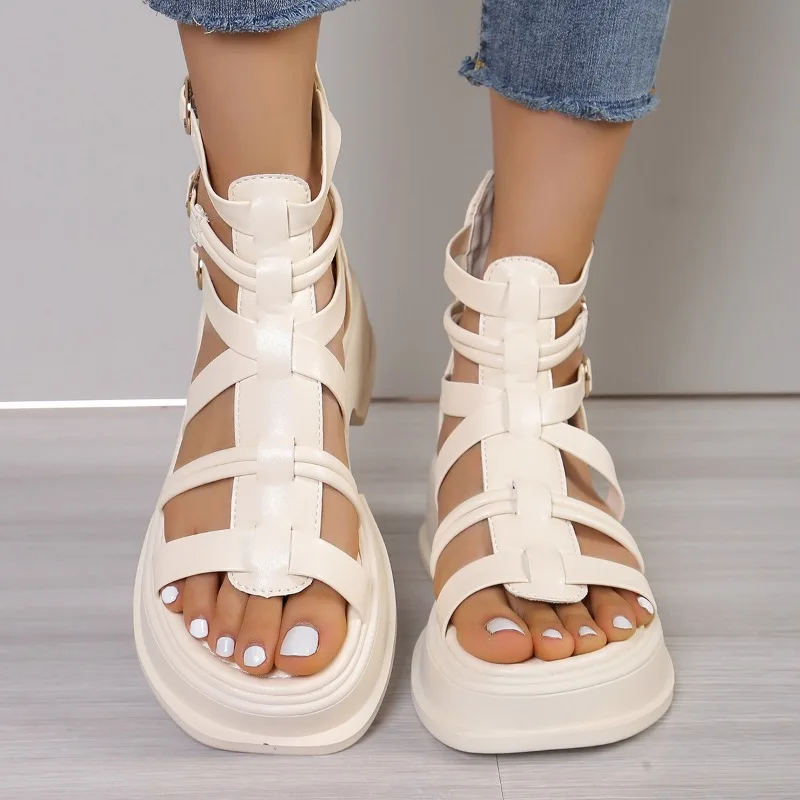 Fashion Shoes Female 2024 New Thick Heel Platform Women\'s Gladiator Sandals Summer Solid Color Simple Large Size Sandals Zapatos