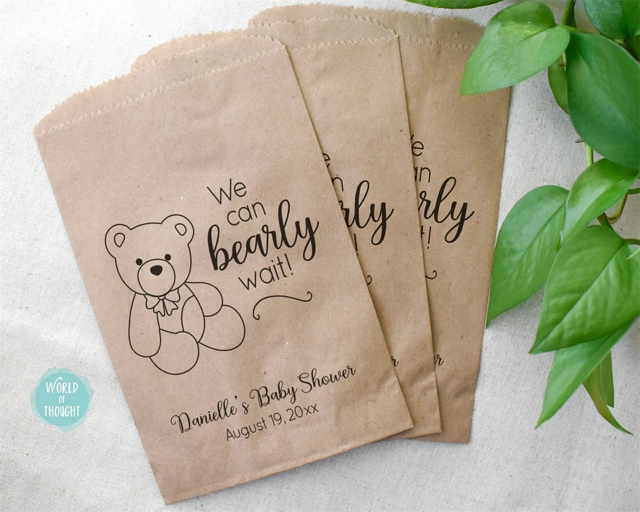 

50 Baby Shower Favor Bags - We Can Bearly Wait Bow Paper Cookie Candy Bar Treat Bags for Baby Boy Baby Girl Baby Shower or Baby