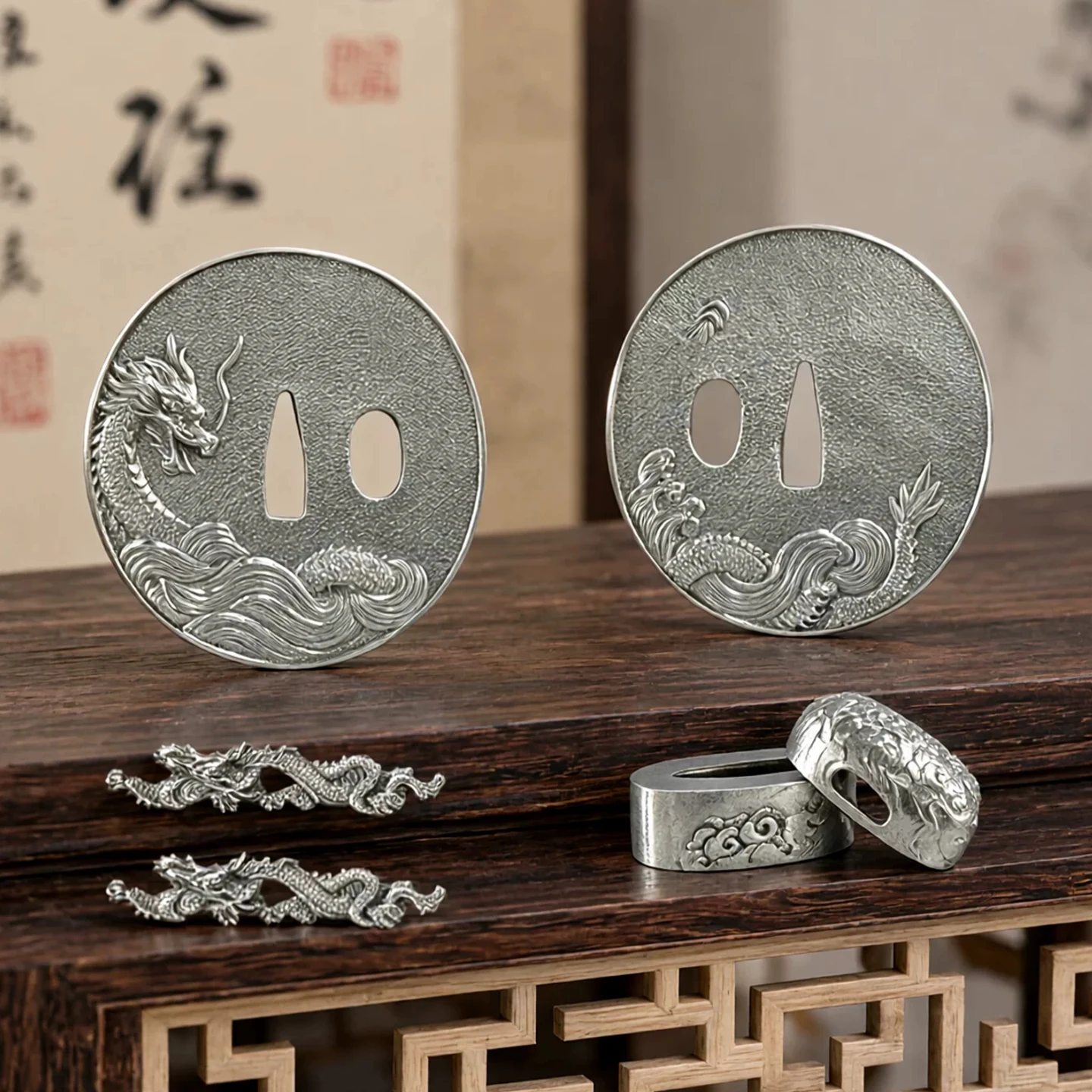 White Copper Tsuba Set Dragon Pattern Katana Handguard Fitting Kit Japanese Samurai Sword DIY Assembly Replacement Accessories