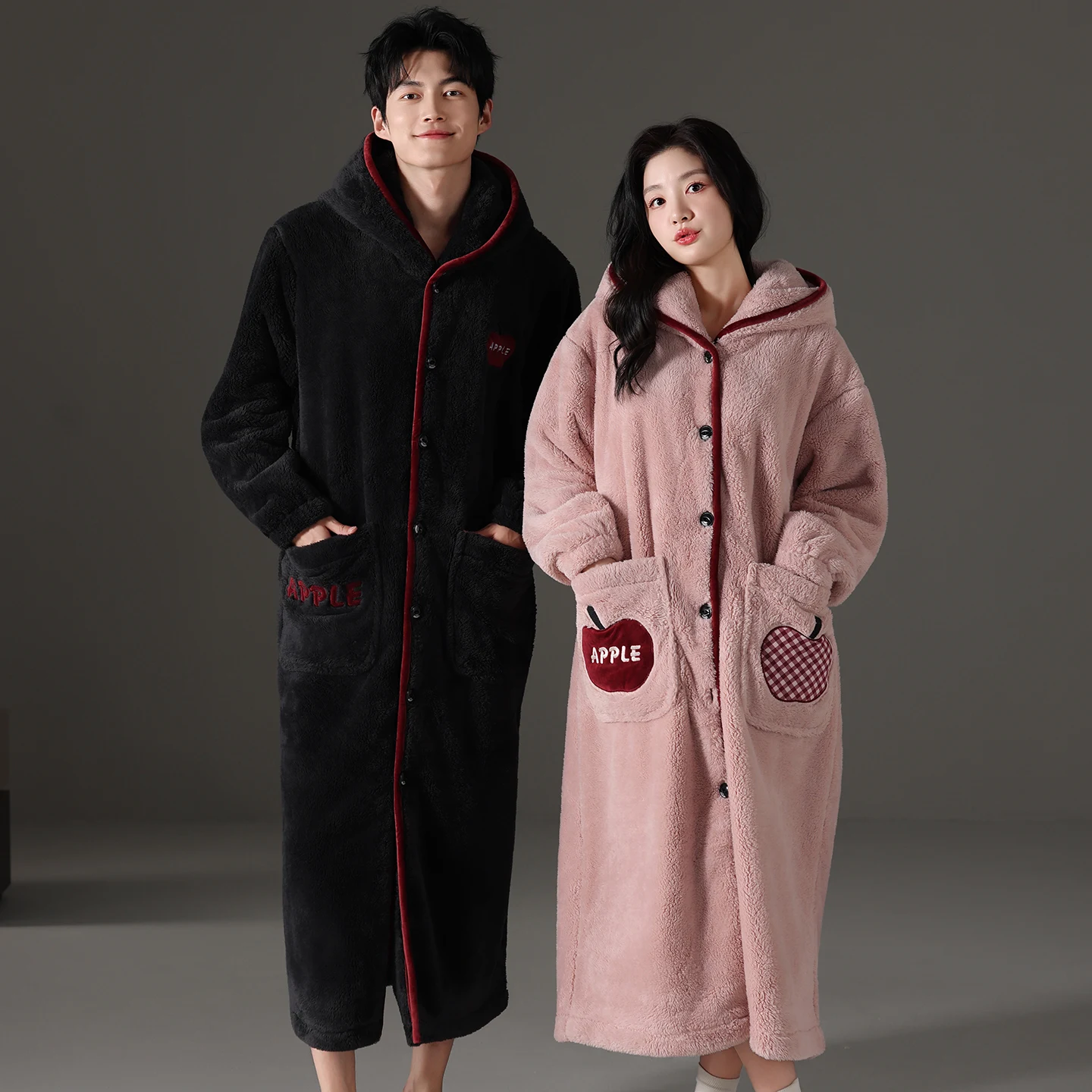 

Пижамный комплект из кораллового флиса с капюшоном для пары, плотная теплая одежда для сна, женский и мужской мягкий коралловый бархатный халат