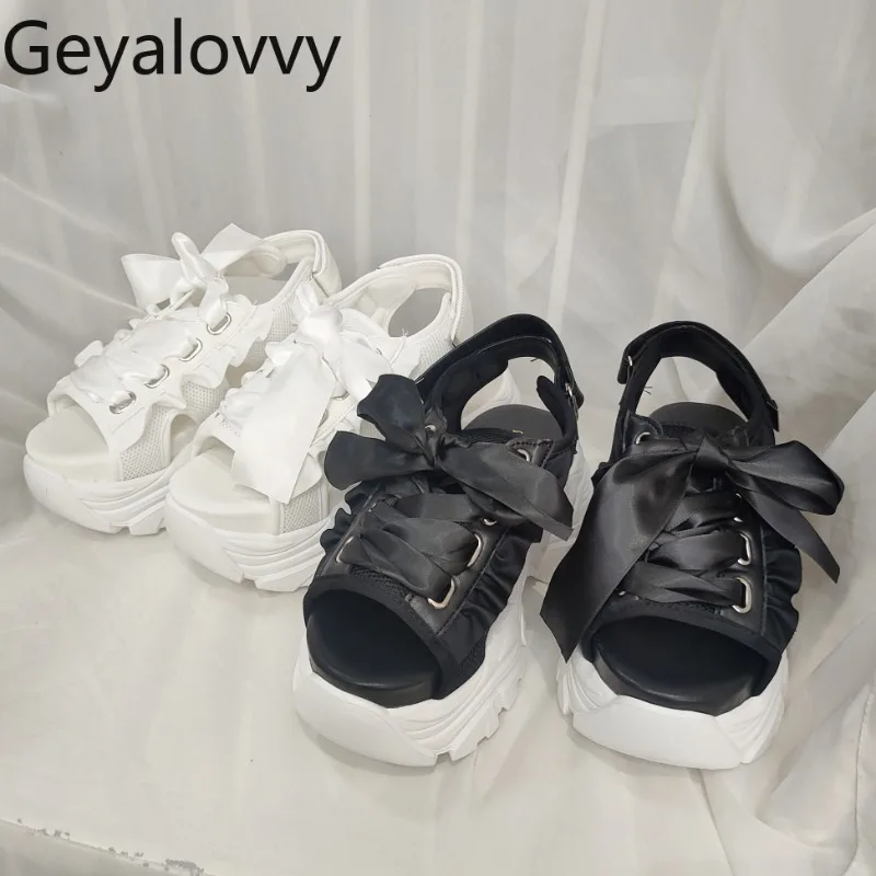 

Новые летние туфли Sweet Cool Wind Sweet Fungus Edge с бантом и ремешком на толстой подошве, универсальные японские сандалии-маффины, обувь