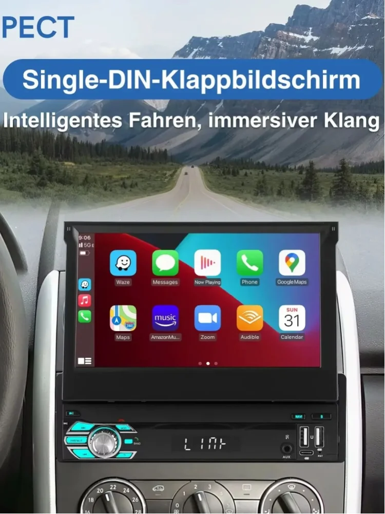 MOPECT 7 Zoll 1 Din Carplay Android16 Auto Autoradio GPS Stereo 1Din Multimedia-Video-Player ausfahrbare IPS-Anzeige Wifi AHD MIC DAB DVR