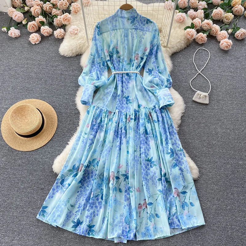 New Casual Spring Autumn Floral Print Button Slim Lady Full Dress A Line Turndown Collar Chiffon Women Dresses