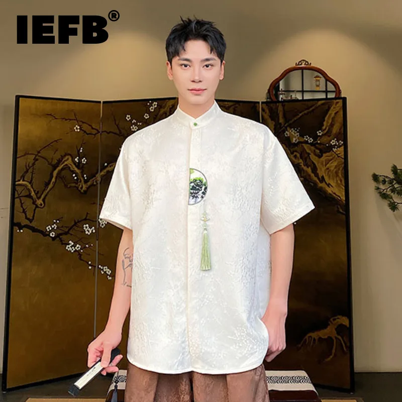 

IEFB Summer Men Short Sleeve Shirt New Chinese Brocade Jacquard Stand Collar Shirts Tassel Pressed Placket Pendant 2024 9C5843