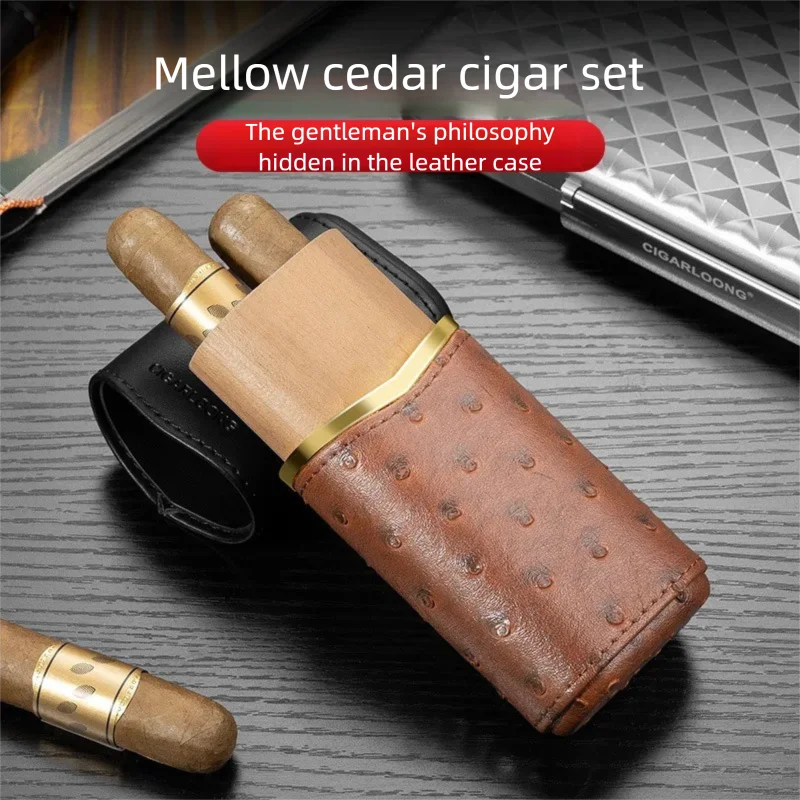 Luxury Leather Cigar Case 2 Tubes Humidor Protective Lining Cedar Wood Moisturizing Portable Travel Cigar Accessories