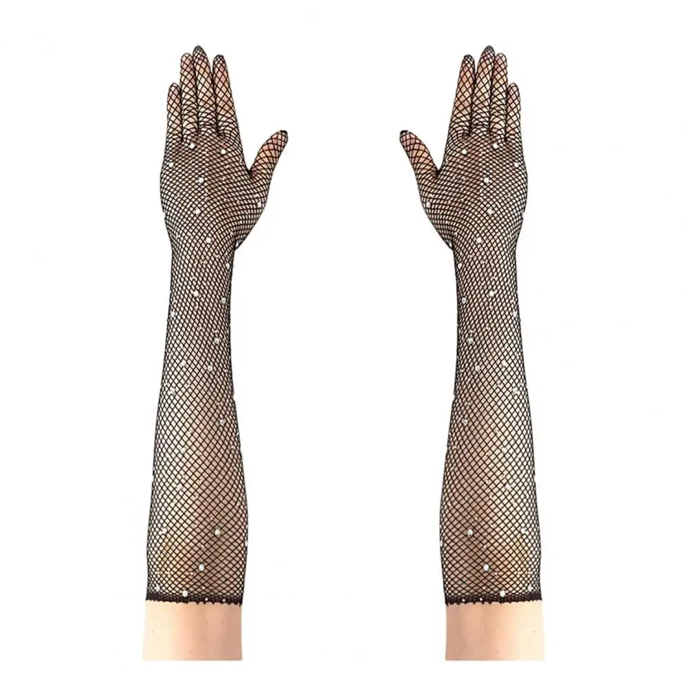 قفازات شبكية متألقة من حجر الراين اللامع قفازات شبكة صيد السمك للنساء قفازات شبكية بطول الكوع لزي حفلة الهالوين #5