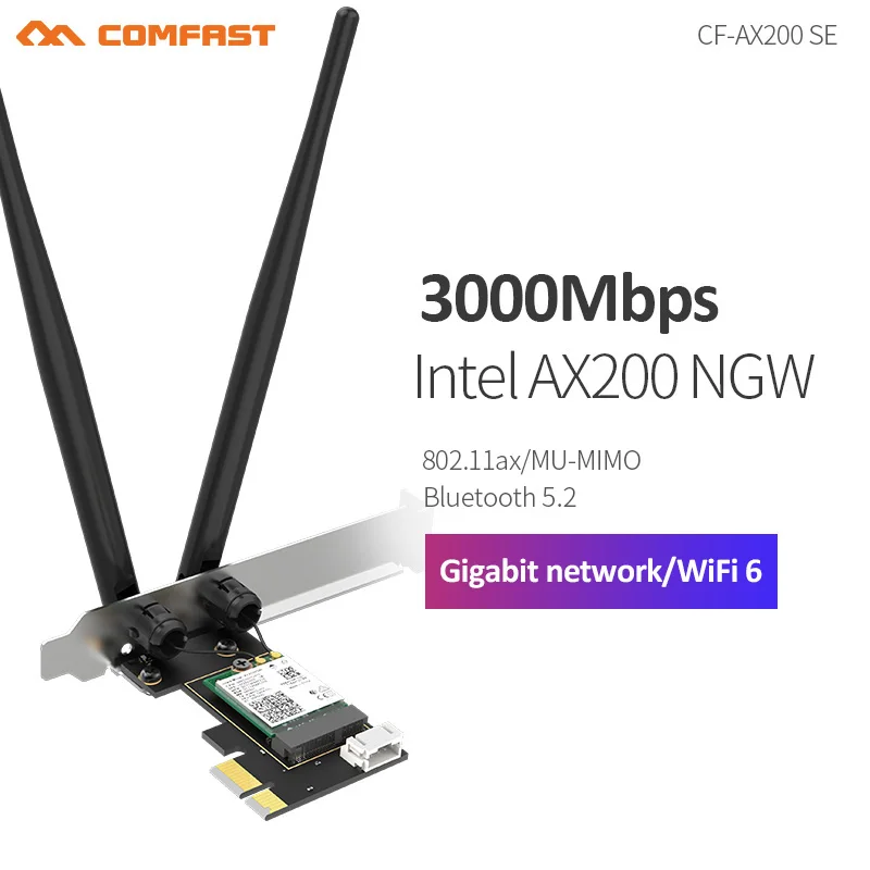 3000Mbps 2*5dbi High Speed Wifi 6 Intel AX200NGW PCI-E 1X Network Card 802.11ax Bluetooth 5.2 For Desktop Win10