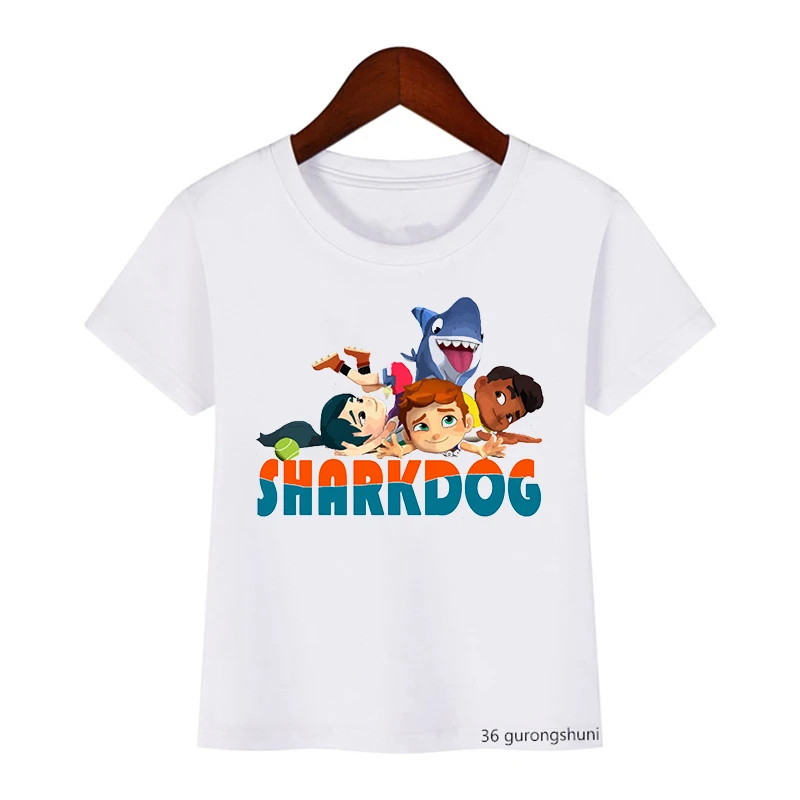 Cute Boys Girls Kawaii Sharking with Sharkdog Cartoon Print Children'S Tshirt Summer Baby Clothes White Short Sleeve Tops