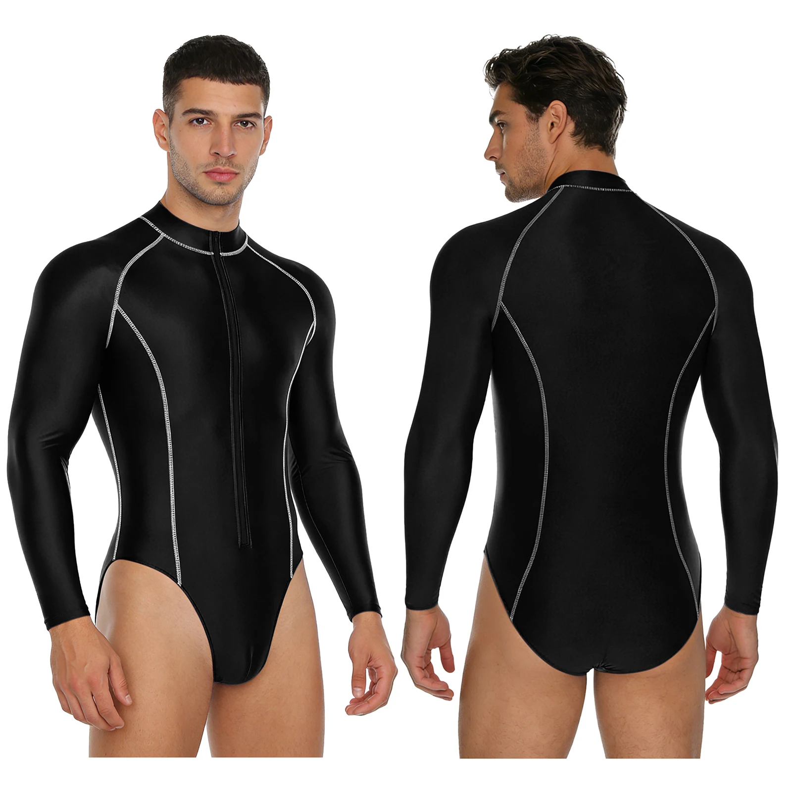 homens-manga-longa-ziper-brilhante-bodysuit-banho-rash-guard-wetsuit-praia-surf-esportes-fitness-treino-macacao