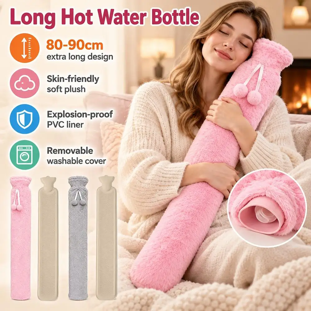 Long Hot Water Bottle 1PC 75cm Extra Long PVC Thickened Soft Plush Cover Bed Feet Warmer Pouch For Winter Bed Office Women