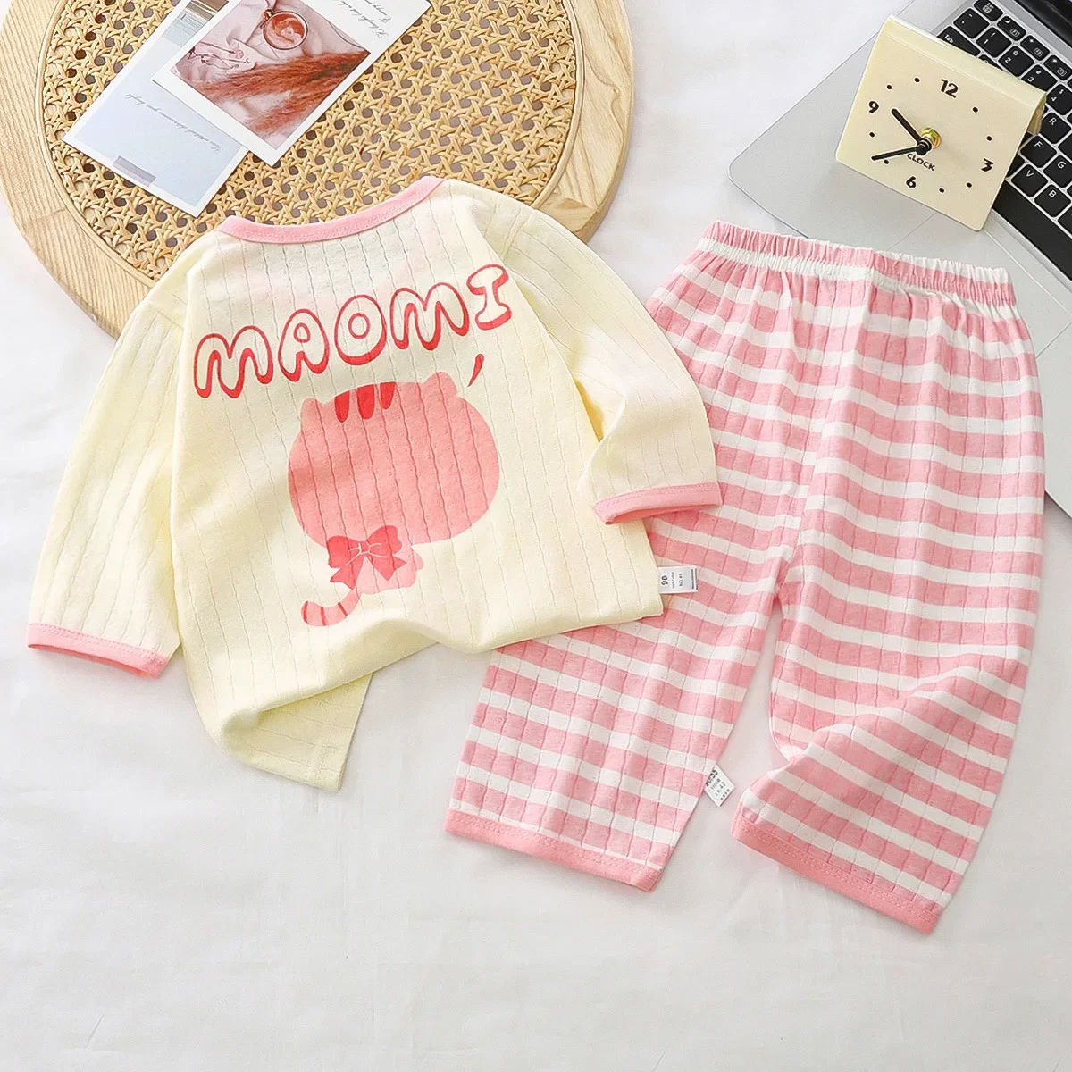 New 2024 Boys Girls Pure Cotton Cute Cartoon T-Shirt Tops + Striped Pants Kids Summer Thin Clothing Sets Baby Pajamas Loungewear