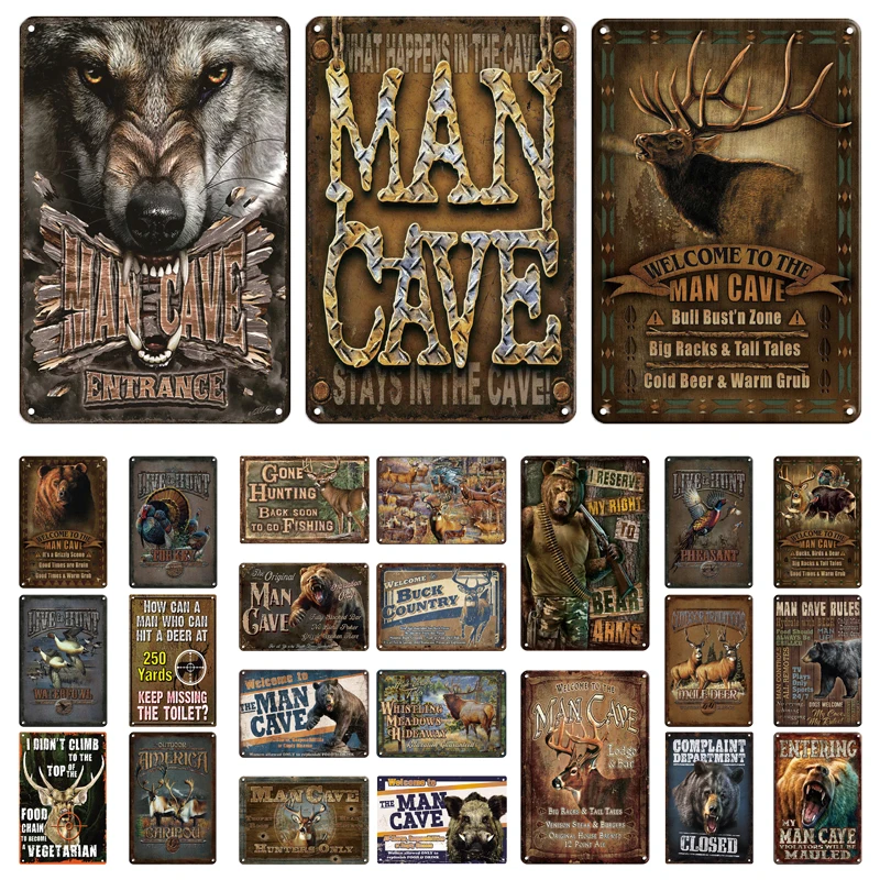 

Retro Man Cave Hunting Signs Hunter's Animals Bear Deer Bird Metal Sign Plaque Tin Sign Metal Poster for Home Bar Wall Decor