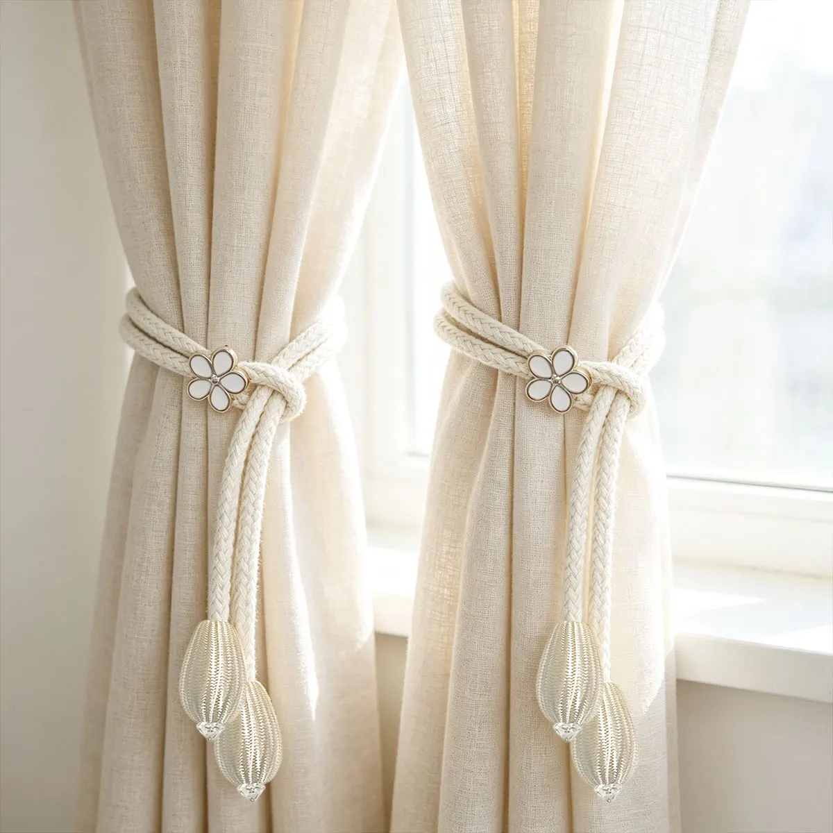 2pcs Flower Shell Tassel Curtain Tiebacks, Cream Japanese Wood Ins Style, Hand Woven Rope Window Decor for Bedroom Homestay